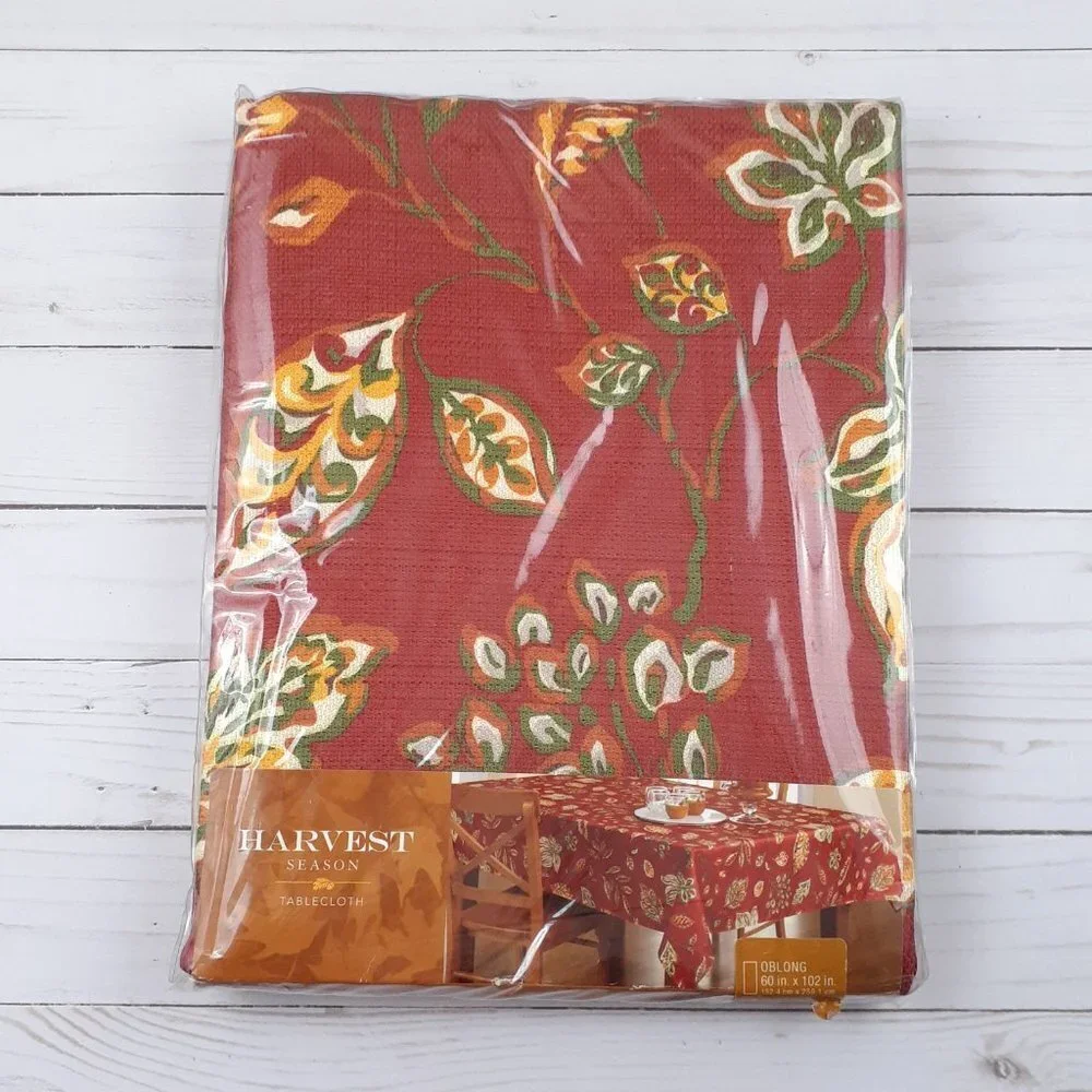 Fabric Tablecloth Fall Leaves Brick Green Yellow 60x102